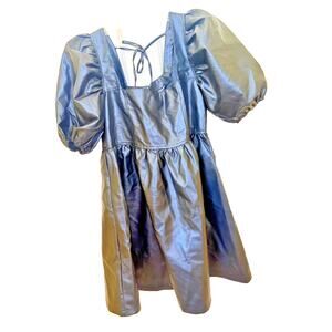 mittoshop Women's Size Large Puff Sleeves Faux Leather Babydoll Mini Dress Black